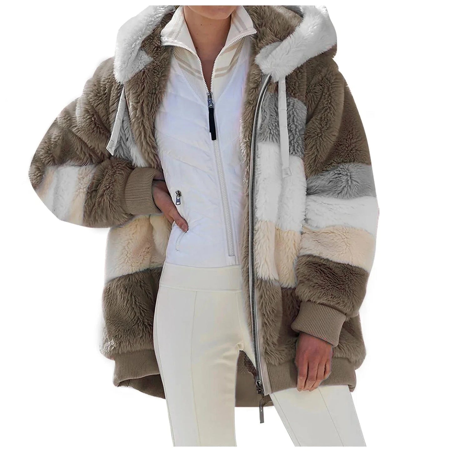 2024 autumn/winter warm plush patchwork zippered pocket Hooded loose coat for women