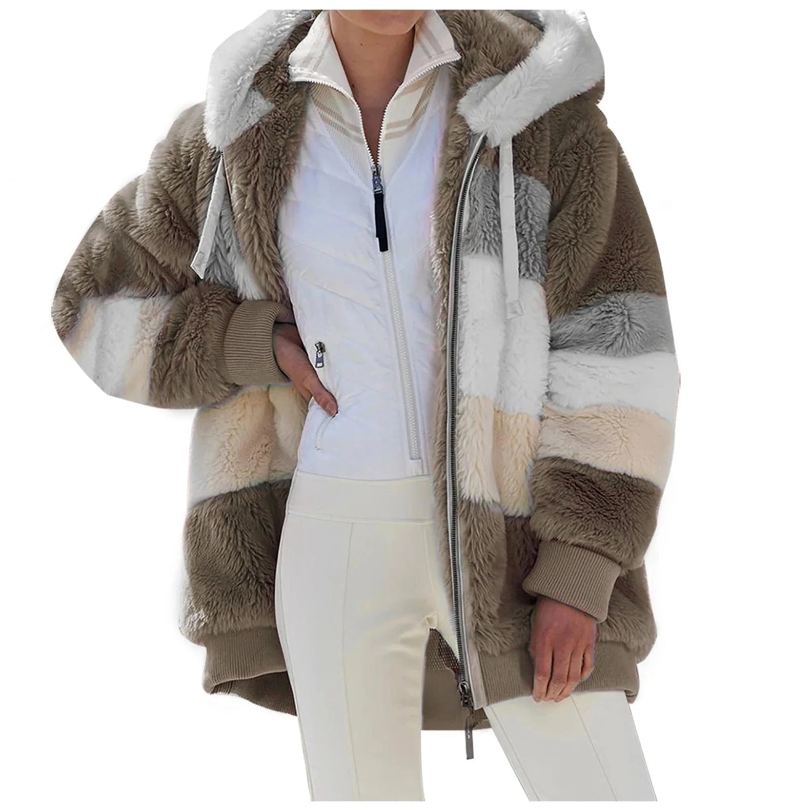 2024 autumn/winter warm plush patchwork zippered pocket Hooded loose coat for women