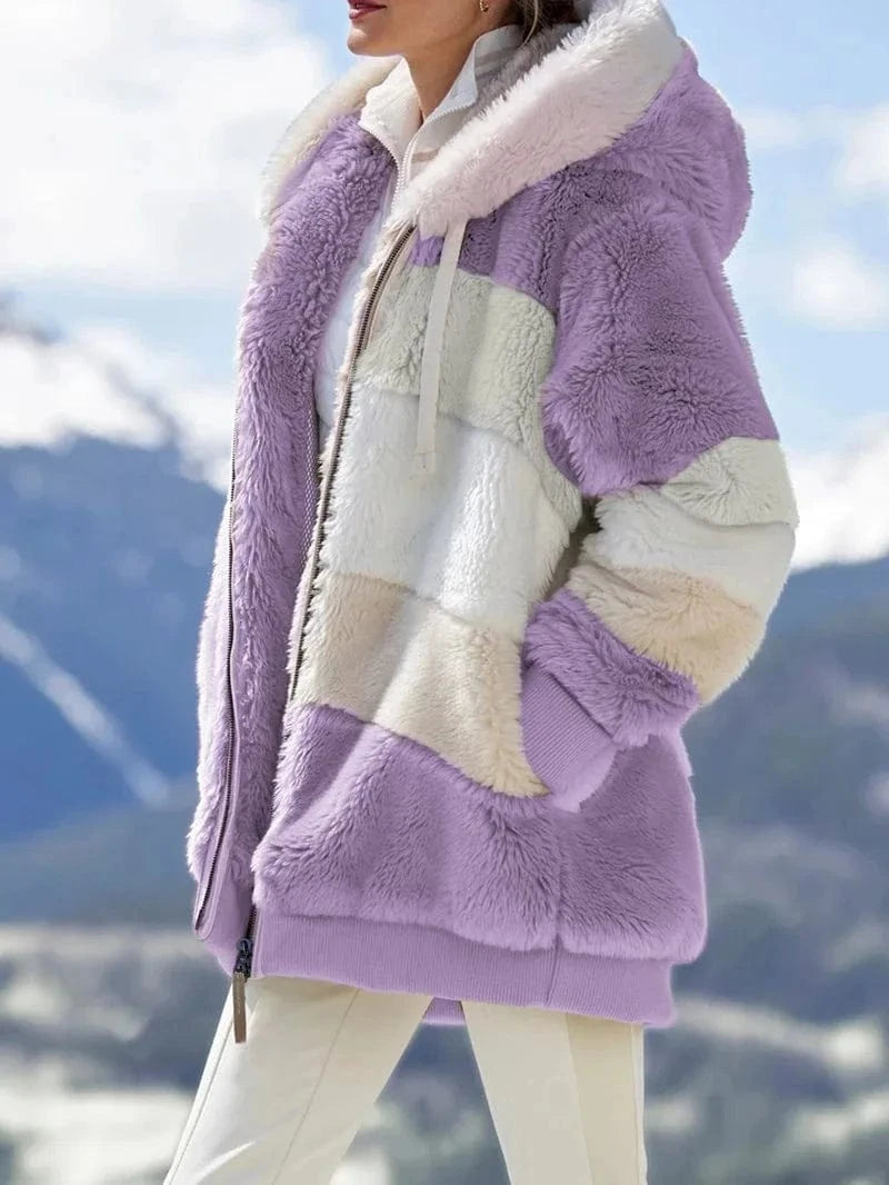 2024 autumn/winter warm plush patchwork zippered pocket Hooded loose coat for women
