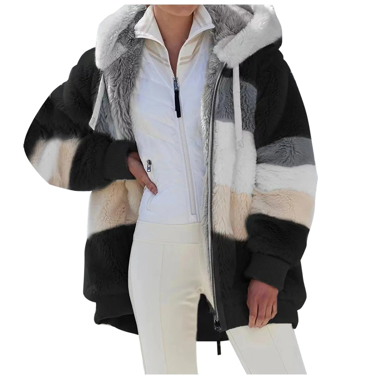 2024 autumn/winter warm plush patchwork zippered pocket Hooded loose coat for women