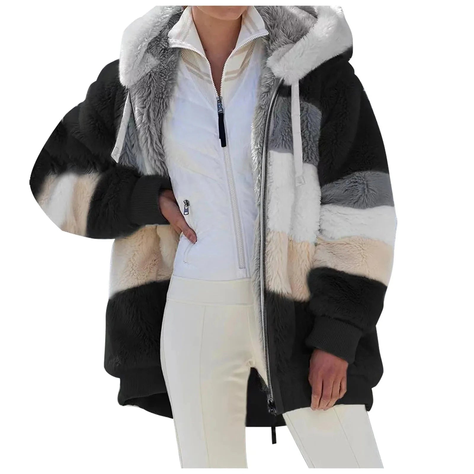 2024 autumn/winter warm plush patchwork zippered pocket Hooded loose coat for women