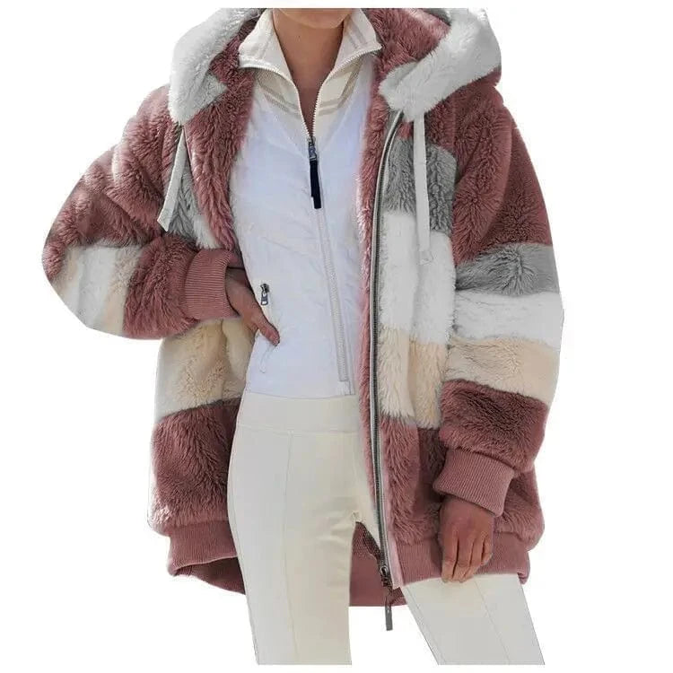 2024 autumn/winter warm plush patchwork zippered pocket Hooded loose coat for women
