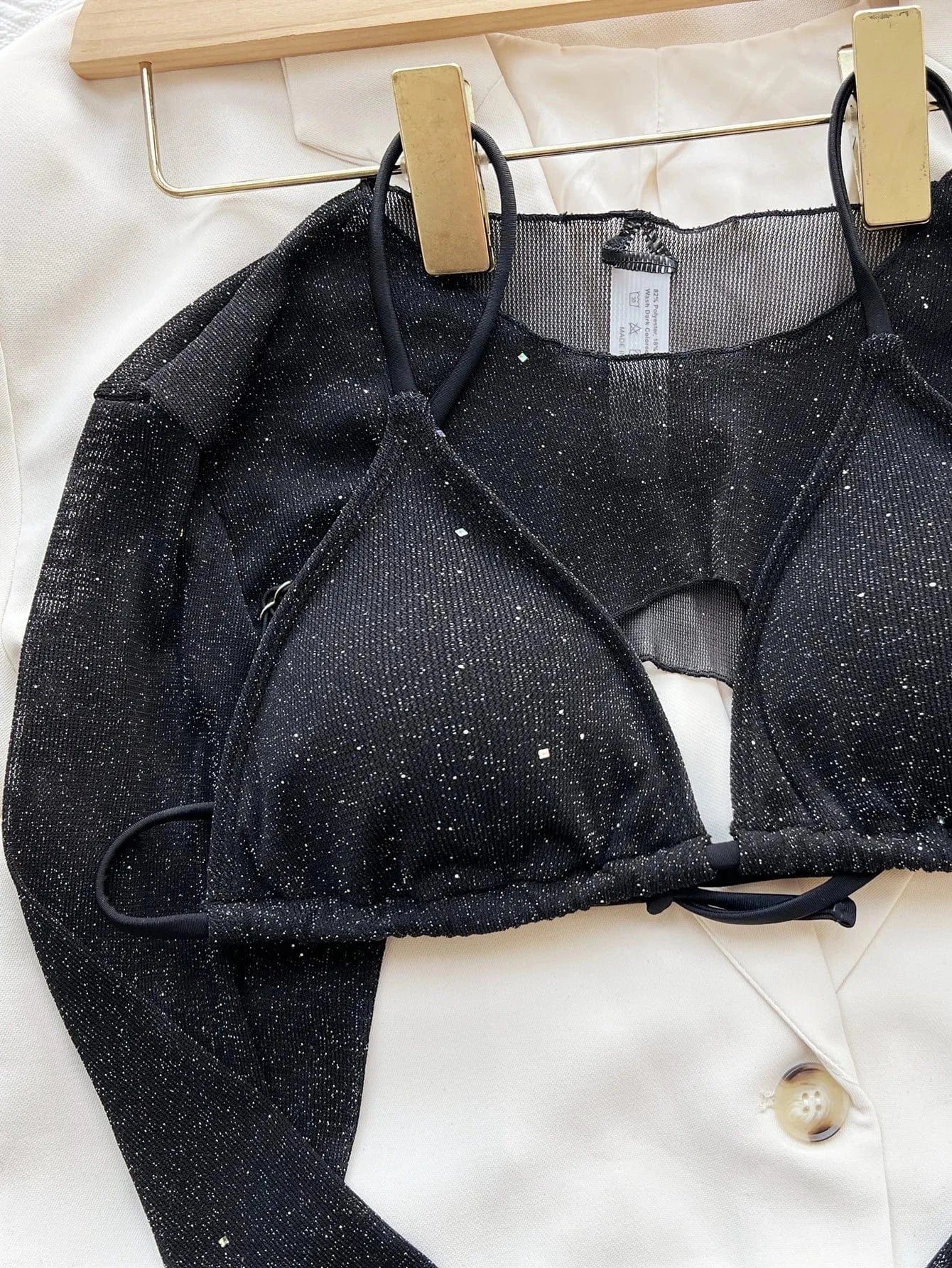 2024 Beachwear 3pcs with Long Sleeves Cover Up Bikini Bling Shinning Glitter Swimsuit Women's Split Separate Strap Swimwear