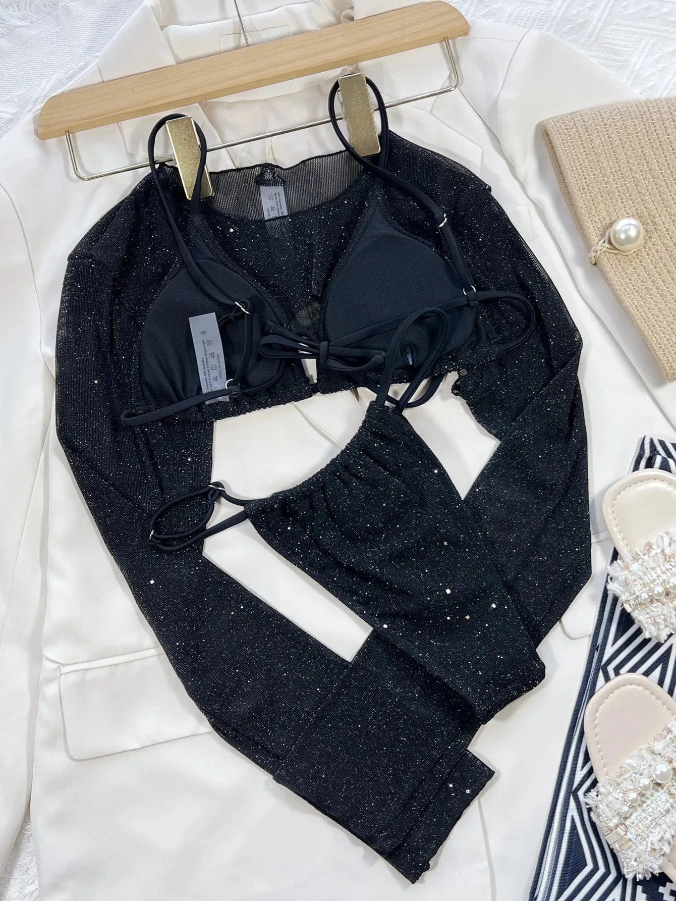 2024 Beachwear 3pcs with Long Sleeves Cover Up Bikini Bling Shinning Glitter Swimsuit Women's Split Separate Strap Swimwear
