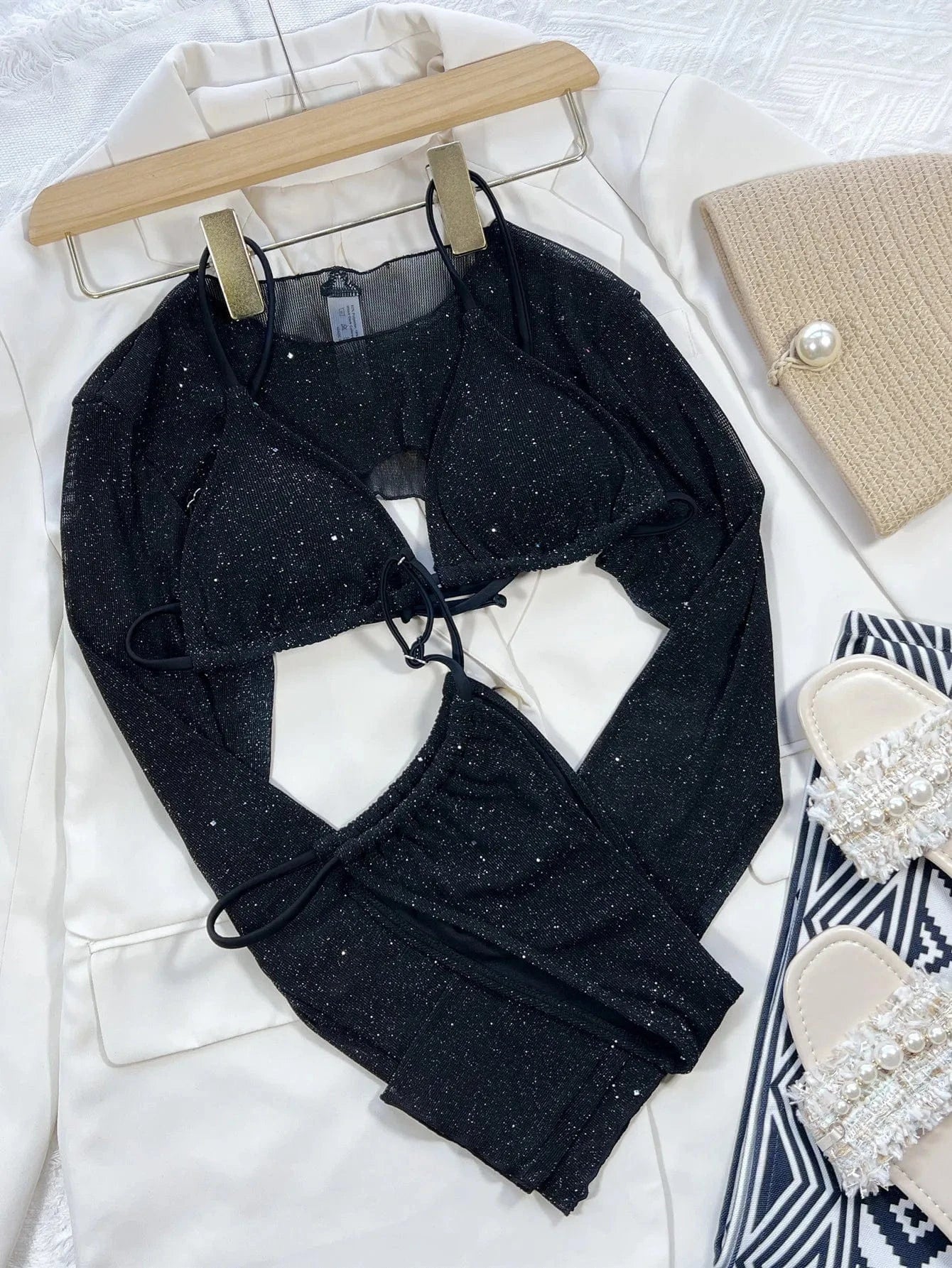 2024 Beachwear 3pcs with Long Sleeves Cover Up Bikini Bling Shinning Glitter Swimsuit Women's Split Separate Strap Swimwear