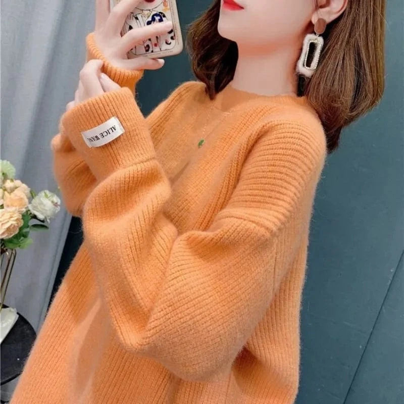 2024 best-selling spring and autumn high-quality fashion women's crew-neck solid color long-sleeved loose knit sweater