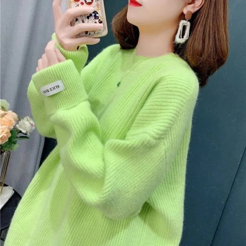 2024 best-selling spring and autumn high-quality fashion women's crew-neck solid color long-sleeved loose knit sweater