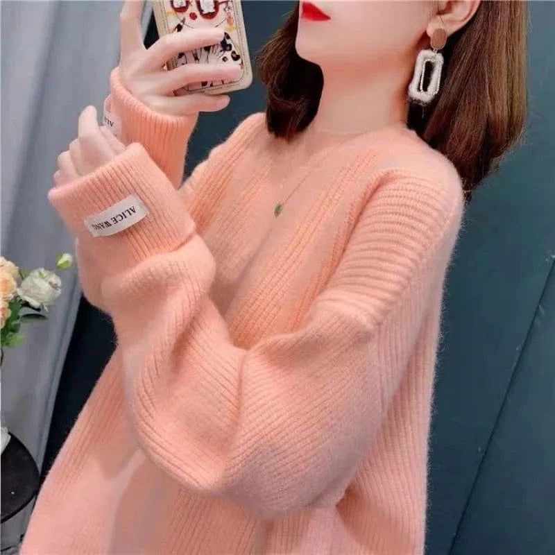 2024 best-selling spring and autumn high-quality fashion women's crew-neck solid color long-sleeved loose knit sweater