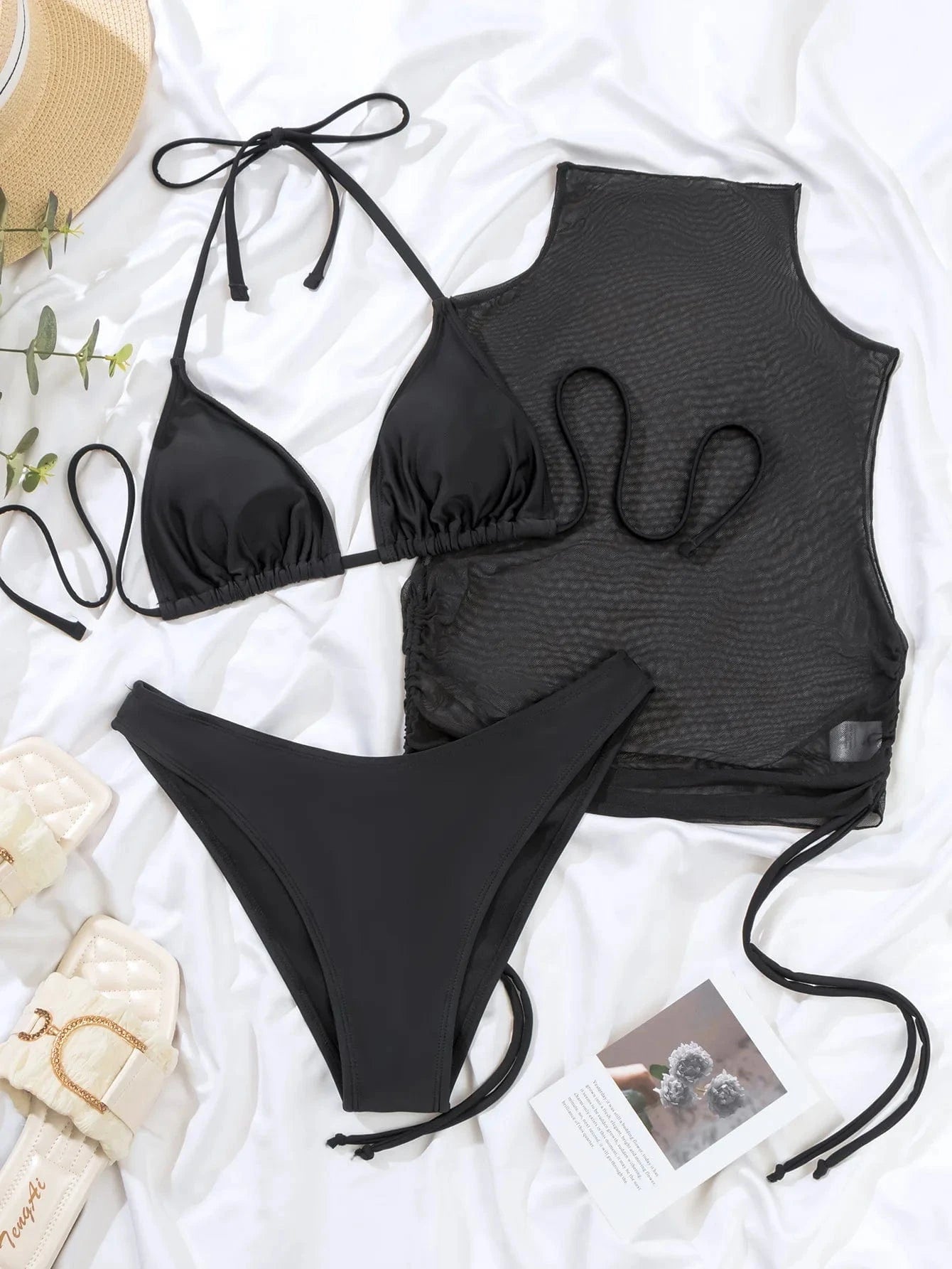 2024 Black Lace Swimwear for Women 3 Piece Bathing Suits Swim Tank Top with thong Bikini Push Up Bra Modest Bandage Swimsuit