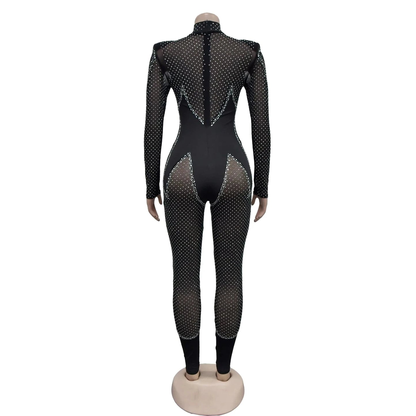 2024 black sexy party rhinestone mesh see through skinny jumpsuit womens tight jumpsuits