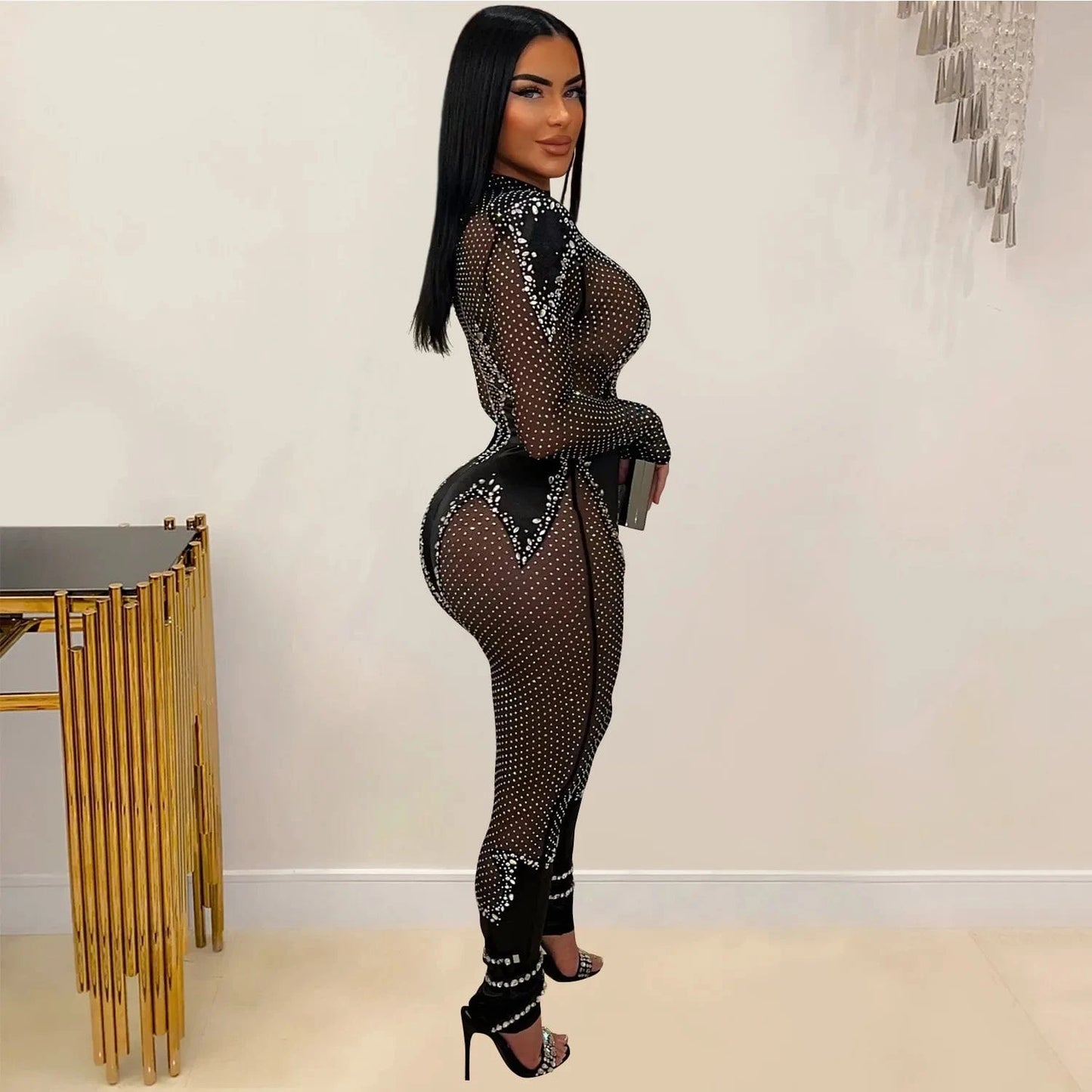 2024 black sexy party rhinestone mesh see through skinny jumpsuit womens tight jumpsuits