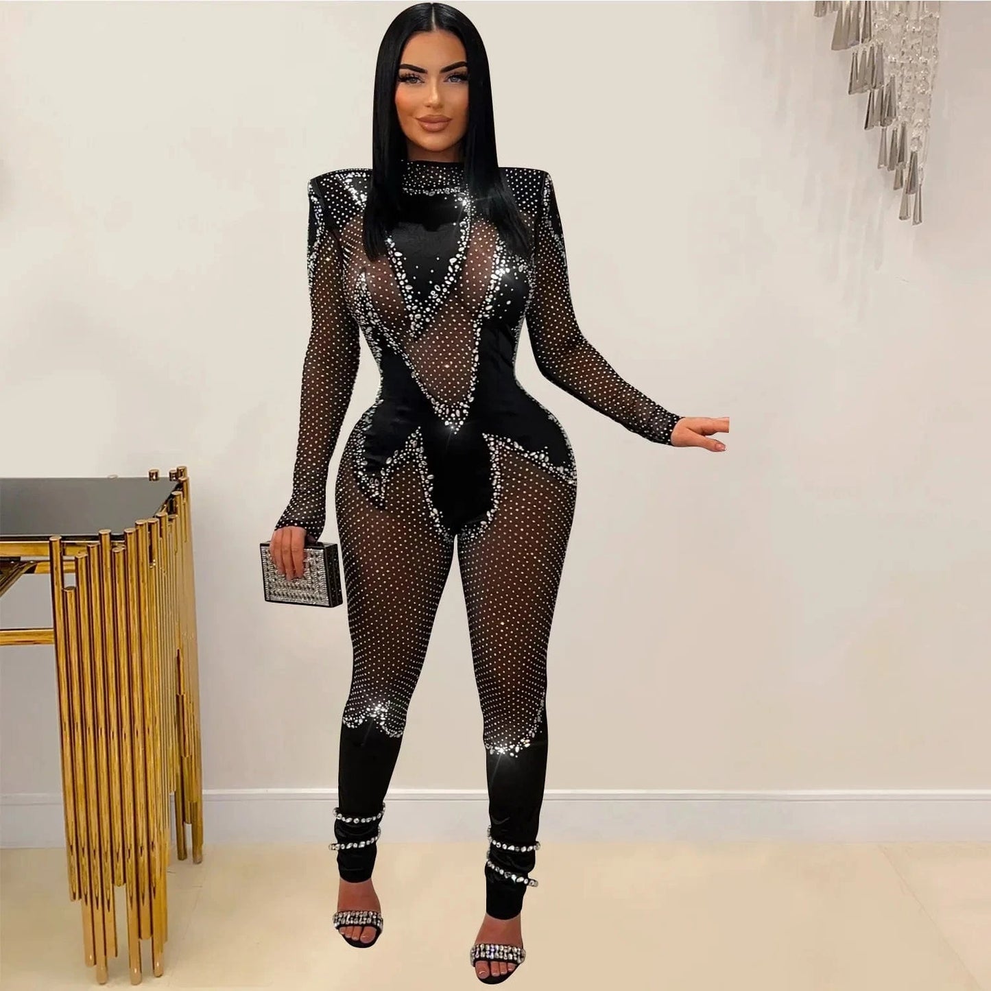 2024 black sexy party rhinestone mesh see through skinny jumpsuit womens tight jumpsuits