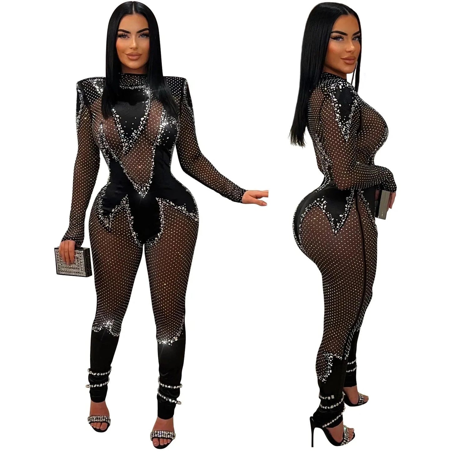 2024 black sexy party rhinestone mesh see through skinny jumpsuit womens tight jumpsuits
