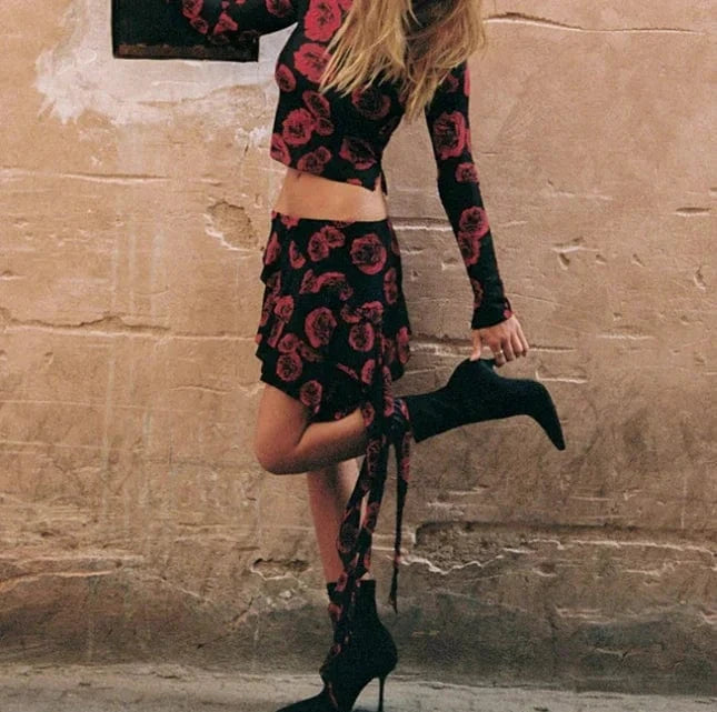 2024 Bohemia Crop Tops Summer Floral Print Elegant Party Dresses Women Clothing Dresses 2 pcs set