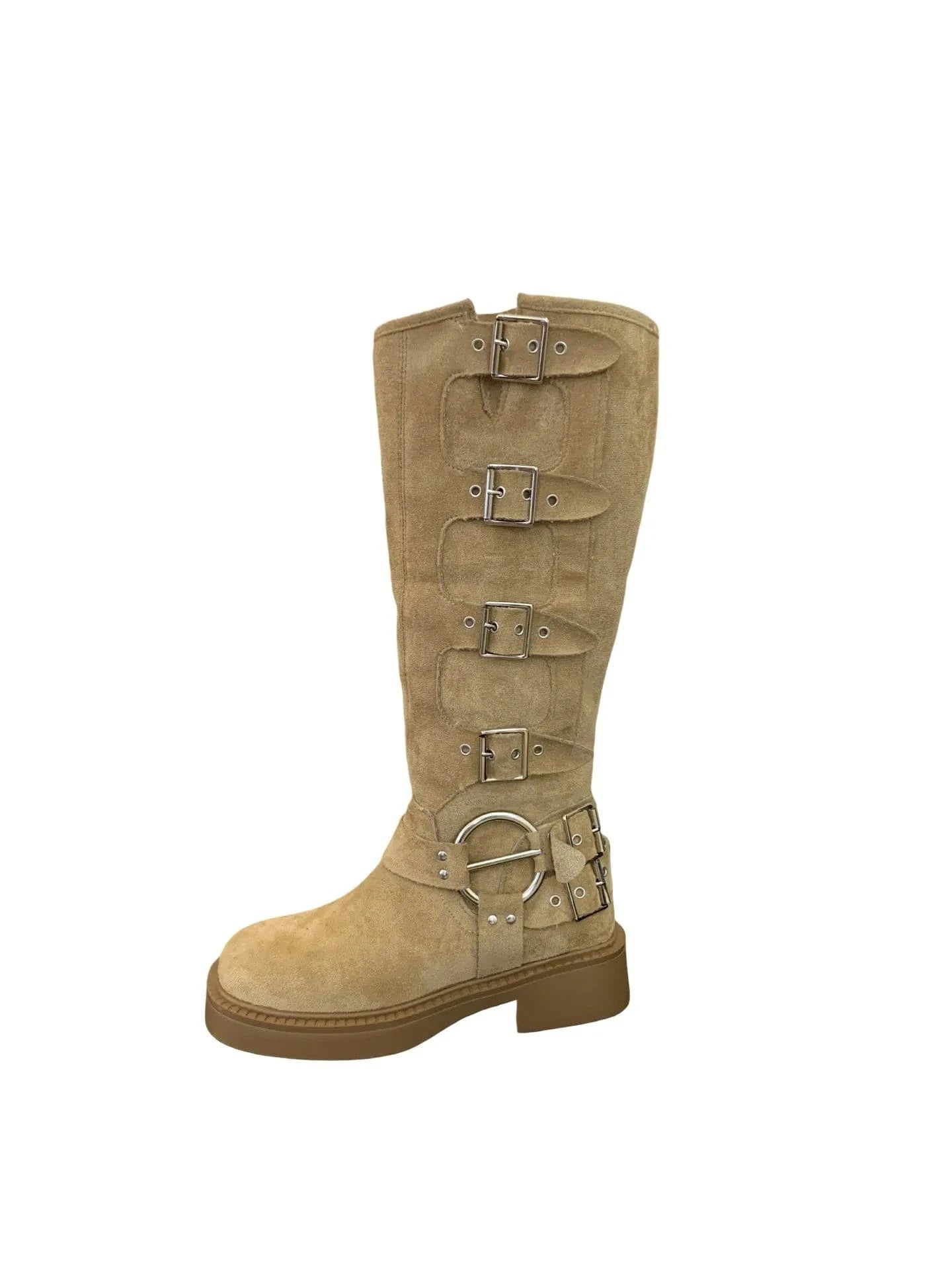 2024 Brand Design Buckles Fashion Street Riding Boots Flock Cool Knee High Motorcycles Boot Shoes for Women Winter Boots