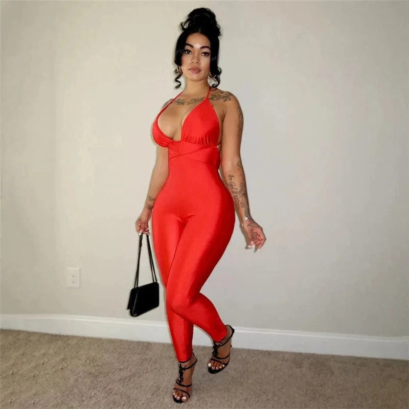 2024 Casual Sport Fitness Streetwear Female Jumpsuit Sexy Neck Backless Skinny Elastic Jumpsuit Women Yoga Outfit