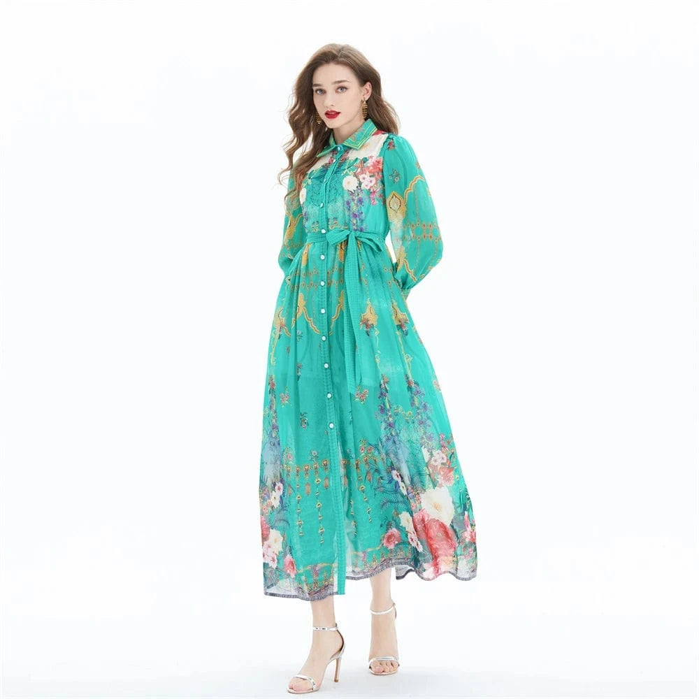 2024 Chiffon printed long sleeved large skirt with a waist up dress - two-piece set XY2042083