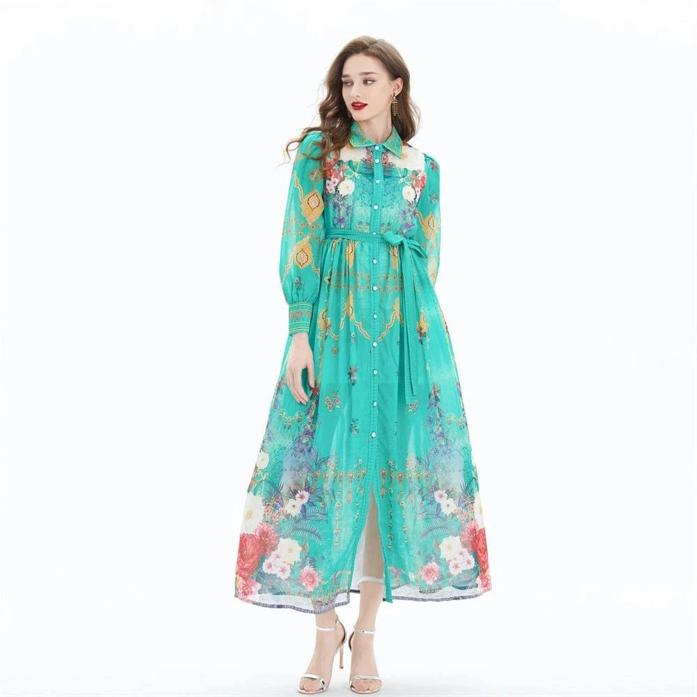 2024 Chiffon printed long sleeved large skirt with a waist up dress - two-piece set XY2042083