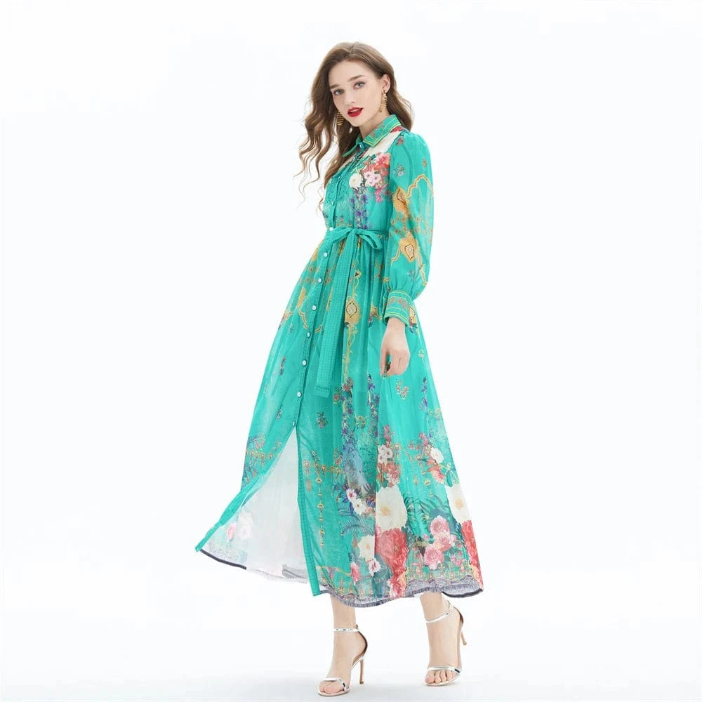 2024 Chiffon printed long sleeved large skirt with a waist up dress - two-piece set XY2042083
