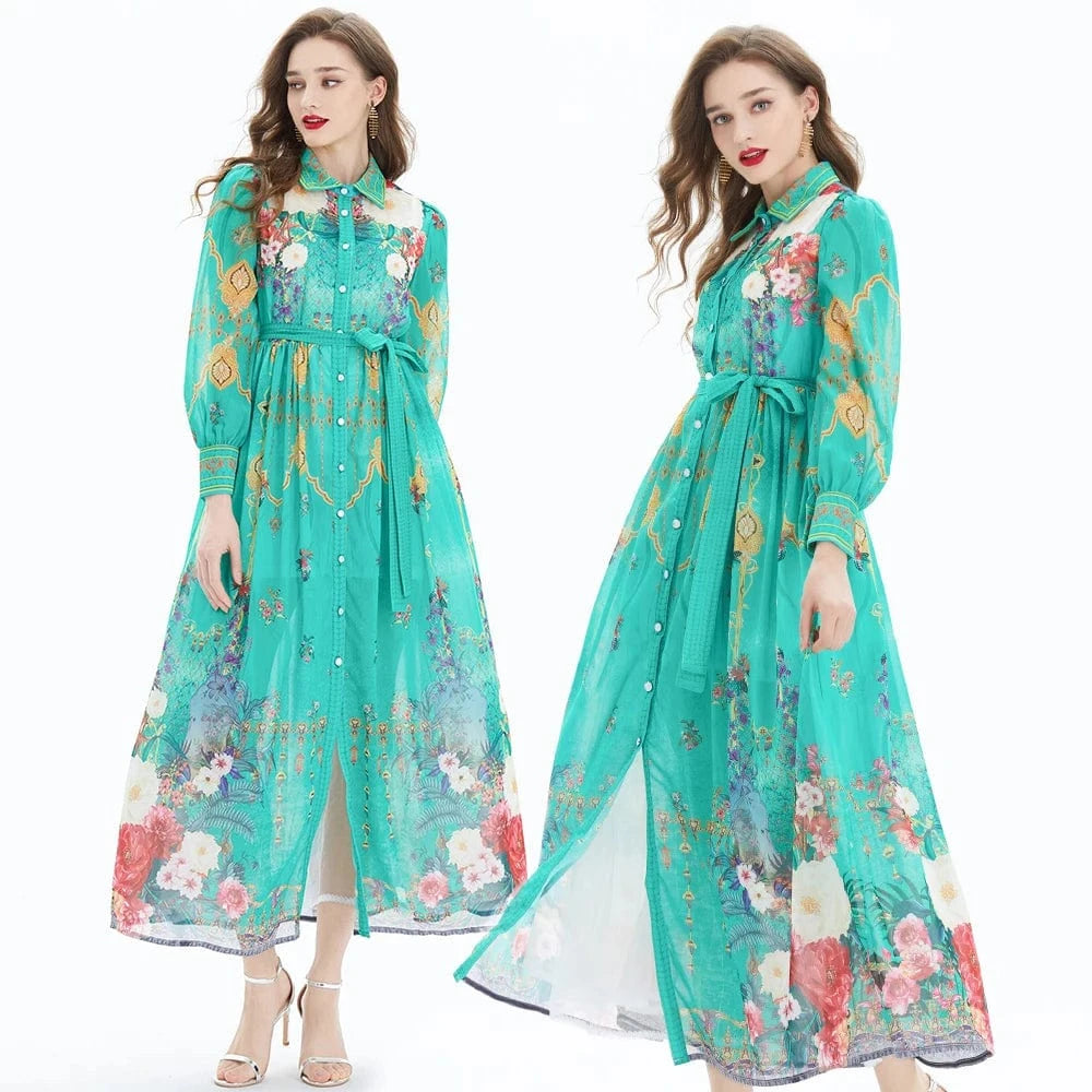 2024 Chiffon printed long sleeved large skirt with a waist up dress - two-piece set XY2042083