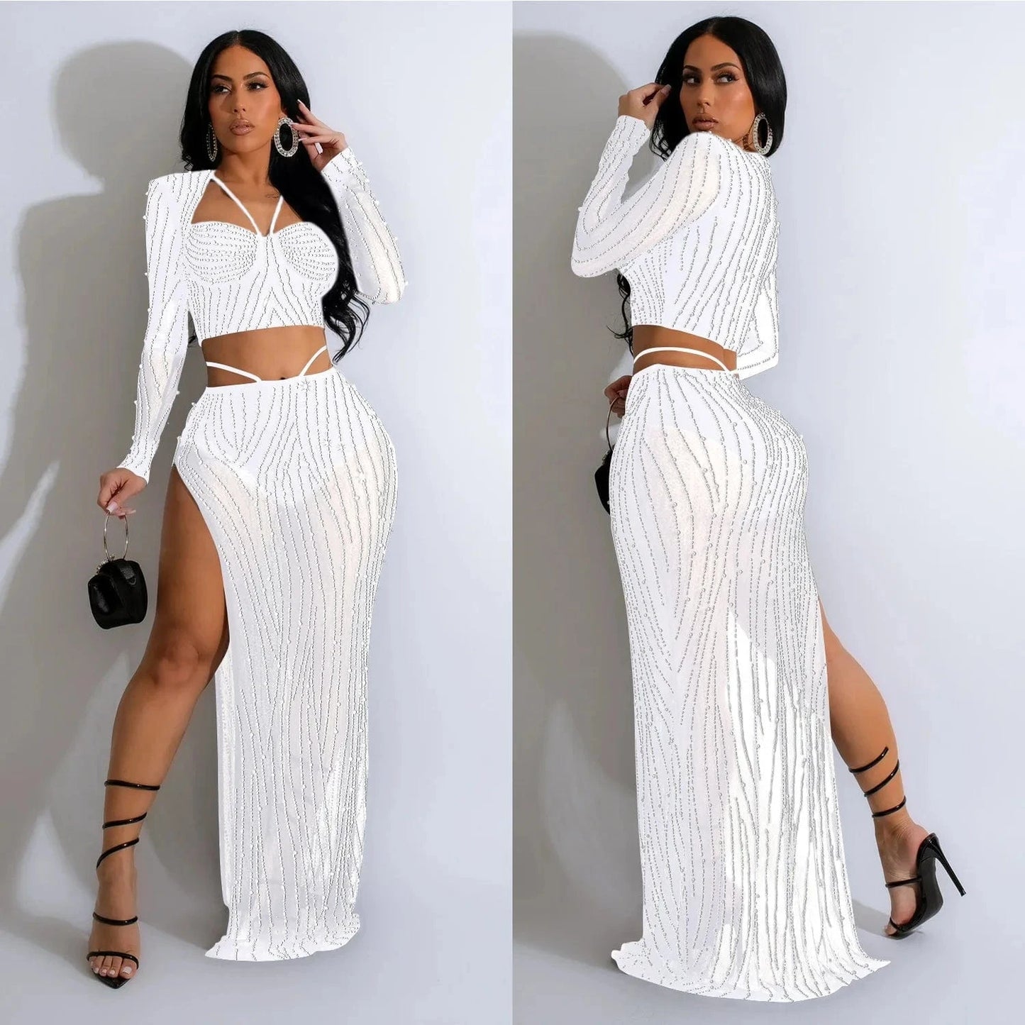 2024 classic luxury elegant women sexy 2 piece long skirt set maxi party evening dress with rhinestone
