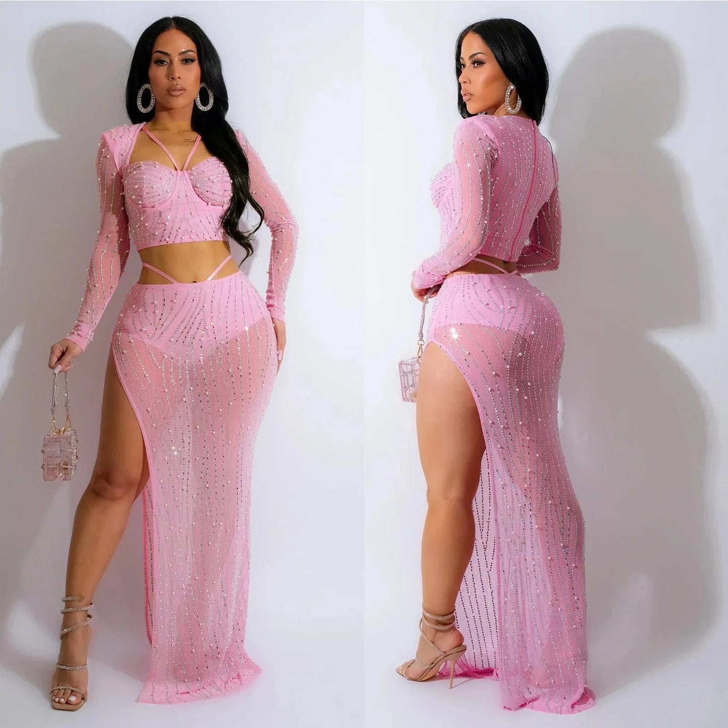 2024 classic luxury elegant women sexy 2 piece long skirt set maxi party evening dress with rhinestone