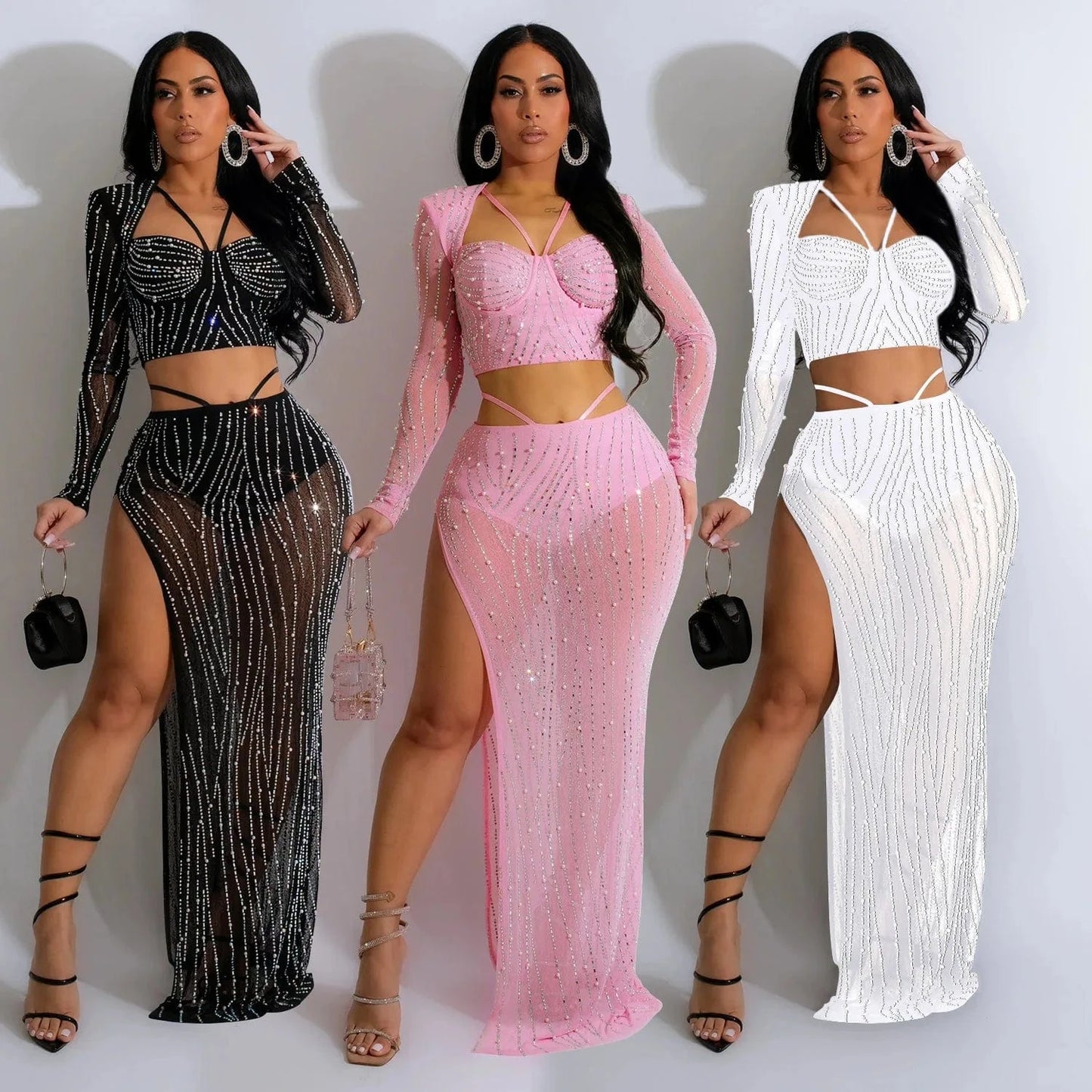 2024 classic luxury elegant women sexy 2 piece long skirt set maxi party evening dress with rhinestone
