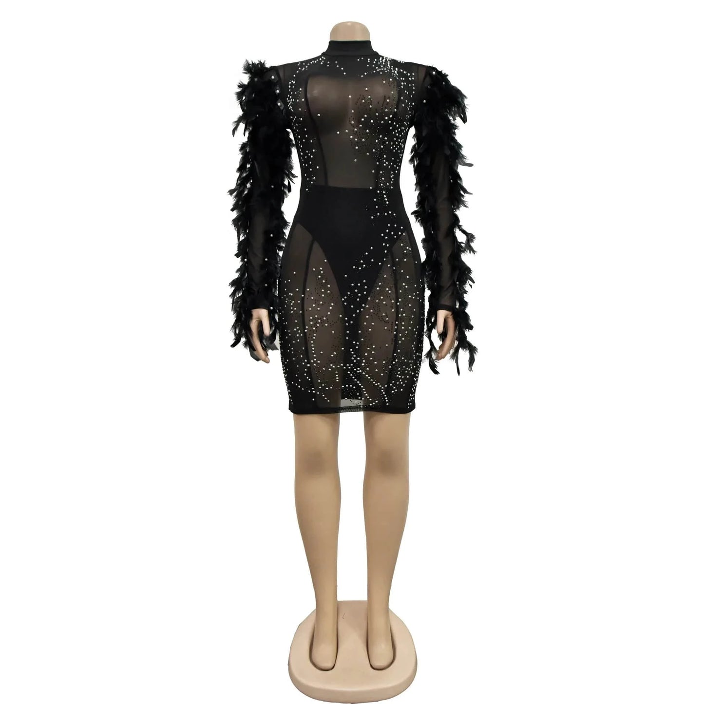 2024 Club Dresses Sexy Women Clothing Feather Long Sleeve Fashion Rhinestone Mesh Sexy Party Club Birthday Dress for Ladies