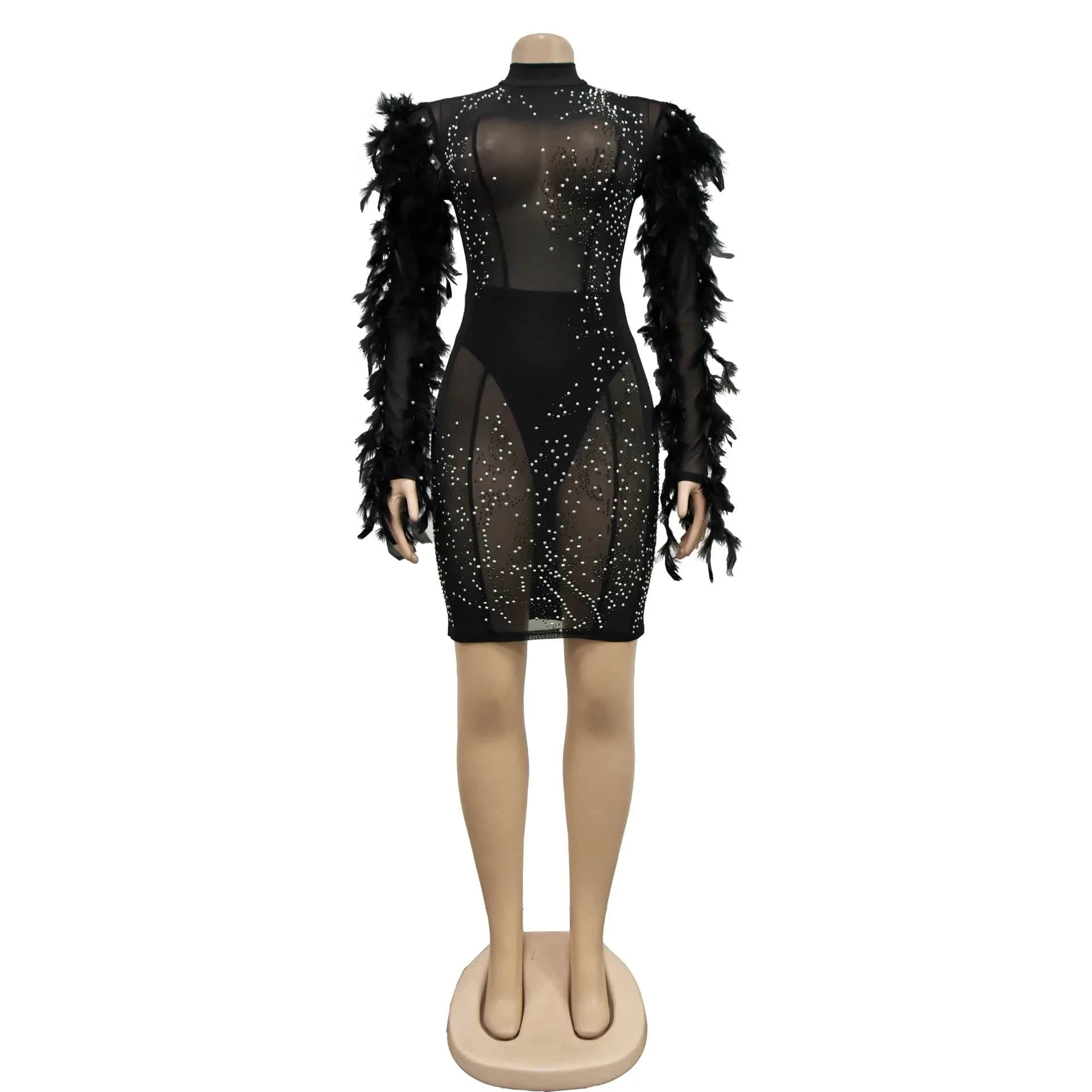 2024 Club Dresses Sexy Women Clothing Feather Long Sleeve Fashion Rhinestone Mesh Sexy Party Club Birthday Dress for Ladies