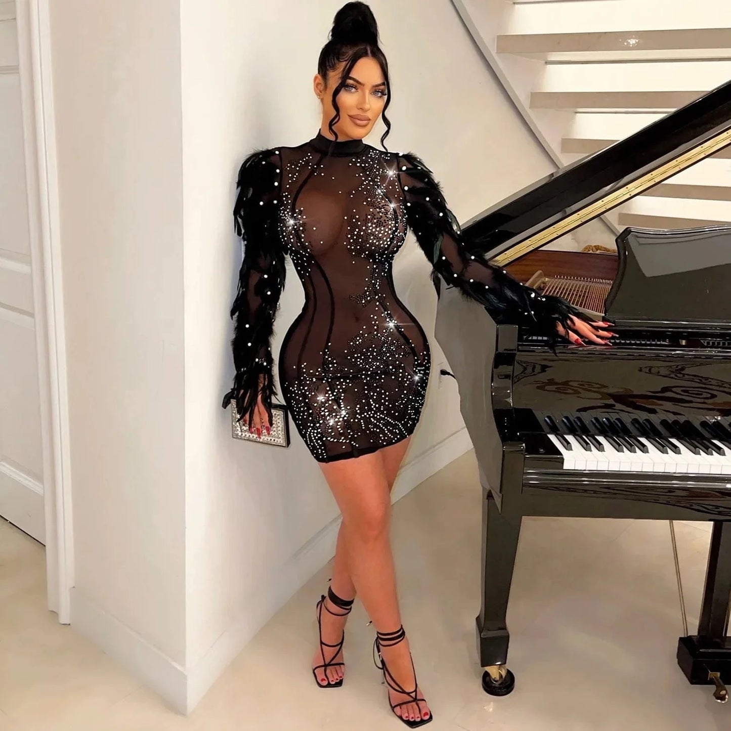 2024 Club Dresses Sexy Women Clothing Feather Long Sleeve Fashion Rhinestone Mesh Sexy Party Club Birthday Dress for Ladies