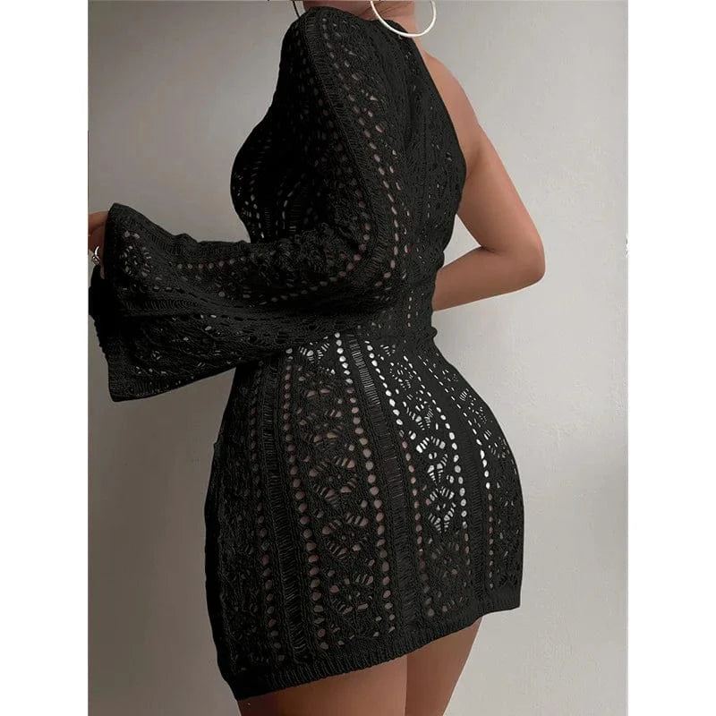 2024 Crochet Beach Cover Up Women Long Sleeve Dress Hollow Out Swimwear Outfits One Shoulder Off Beachwear Bathing Suit Women