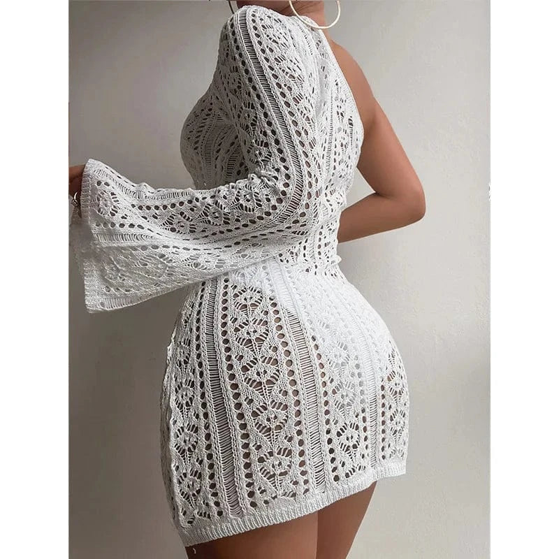 2024 Crochet Beach Cover Up Women Long Sleeve Dress Hollow Out Swimwear Outfits One Shoulder Off Beachwear Bathing Suit Women