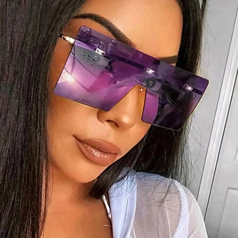 2024 Custom logo Women Retro Oversized Sunglasses Vintage one piece Sunglasses Eyewear Oculos De Sol Square Rimless Sunglasses