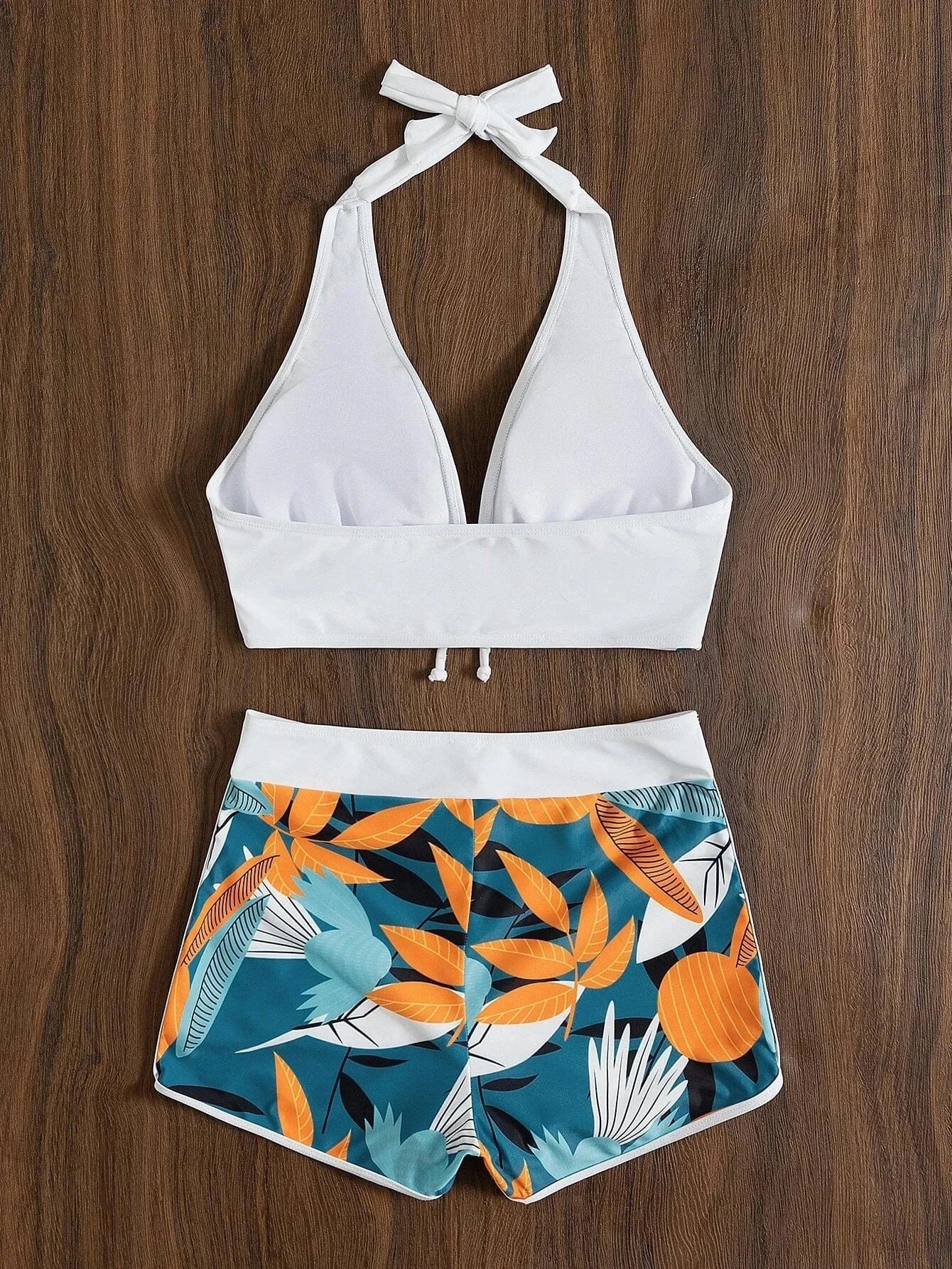 2024 Custom Two Piece Female Leaves Printed High Waist Bikini Set Women Halter Neck Padded Swimwear Push Bra Pads Swimsuit