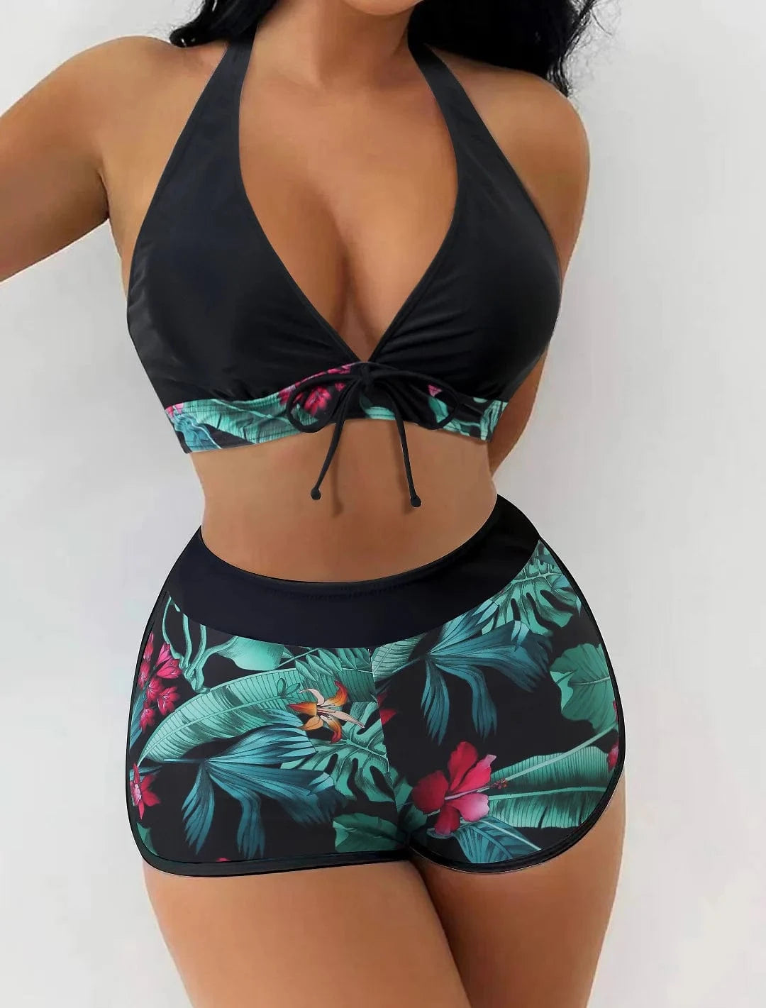 2024 Custom Two Piece Female Leaves Printed High Waist Bikini Set Women Halter Neck Padded Swimwear Push Bra Pads Swimsuit