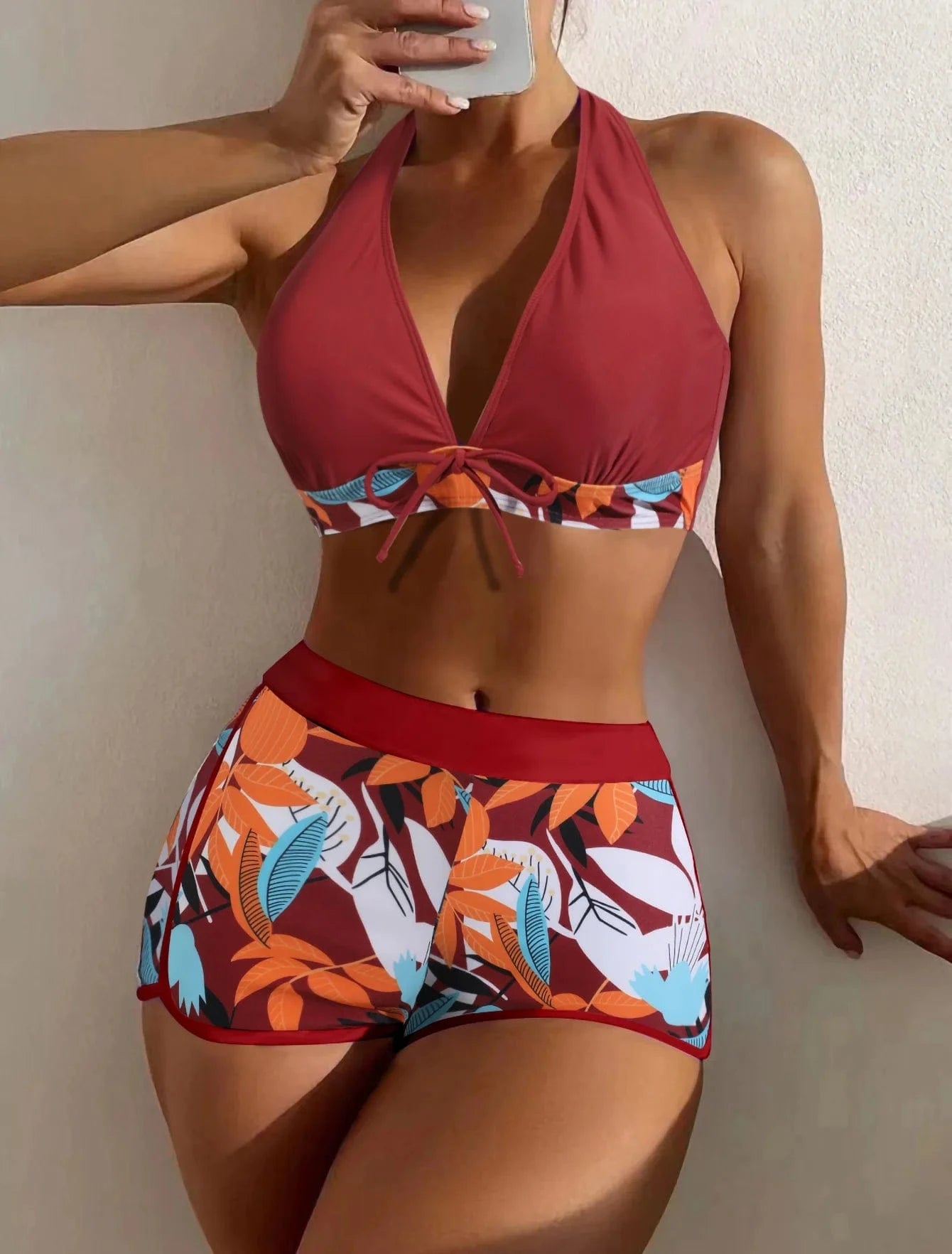 2024 Custom Two Piece Female Leaves Printed High Waist Bikini Set Women Halter Neck Padded Swimwear Push Bra Pads Swimsuit