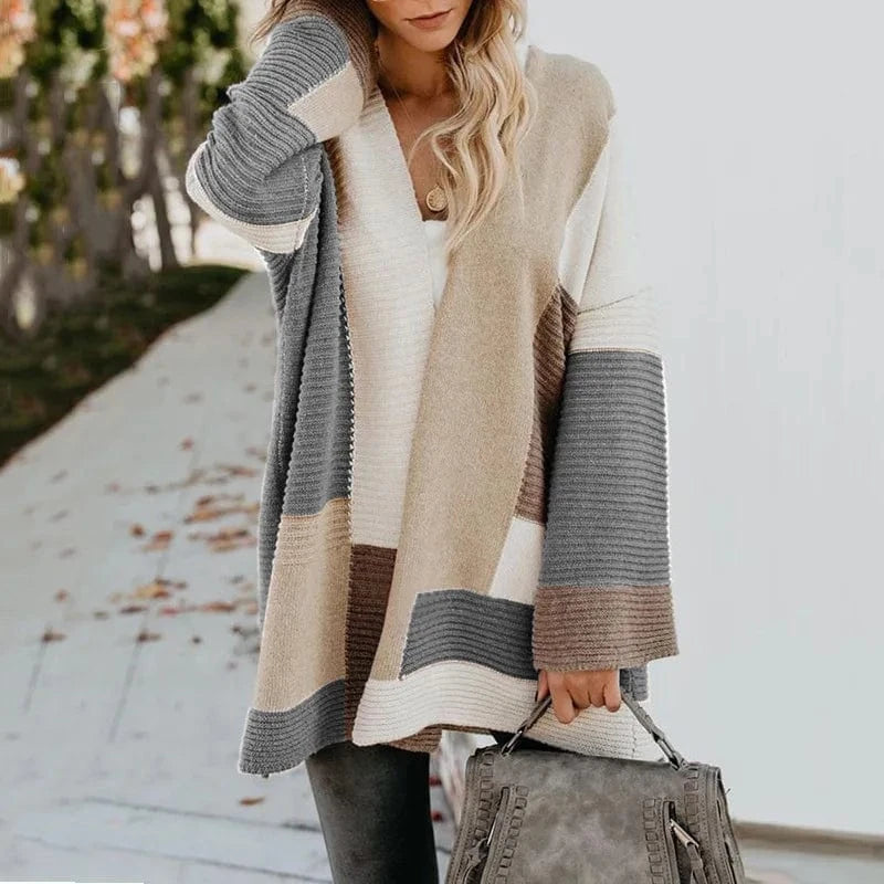 2024 Custom Winter New Contrast Mixed Color Stripe Long Sleeve Cardigan Women Sweater Lady Clothing