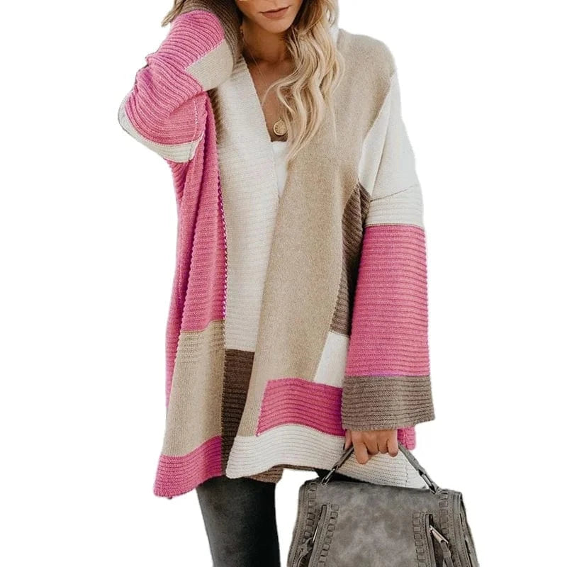 2024 Custom Winter New Contrast Mixed Color Stripe Long Sleeve Cardigan Women Sweater Lady Clothing