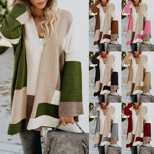 2024 Custom Winter New Contrast Mixed Color Stripe Long Sleeve Cardigan Women Sweater Lady Clothing
