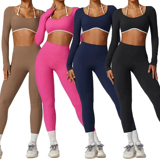 2024 Custom Women's Workout sets Bra for women Backless High Waist Long-sleeved top Women sportswear Leggings 2 Pieces Yoga set