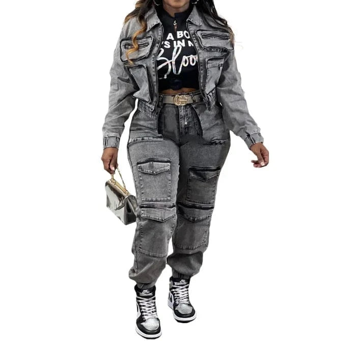 2024 Denim Outfit Street Wear Casual Cargo Denim Jackets Women's Jeans Sets