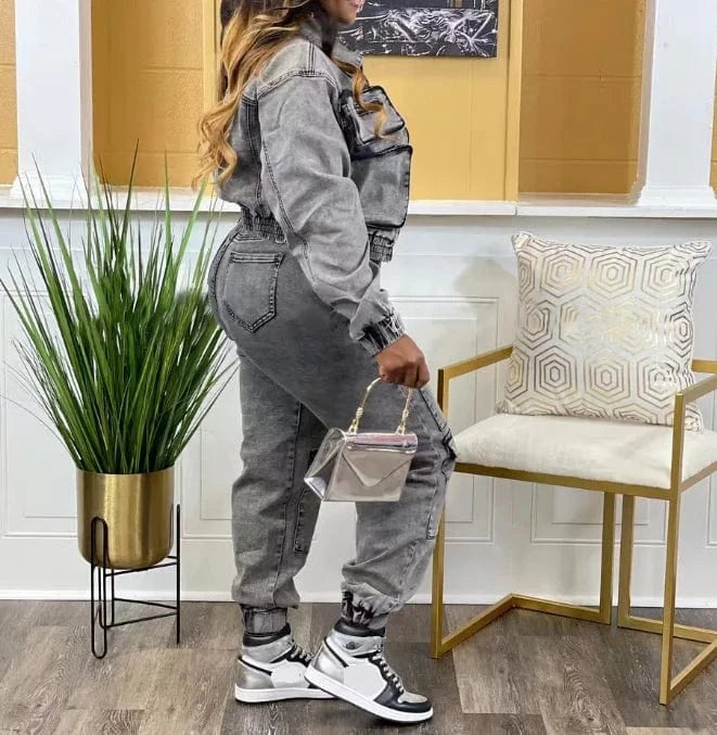 2024 Denim Outfit Street Wear Casual Cargo Denim Jackets Women's Jeans Sets