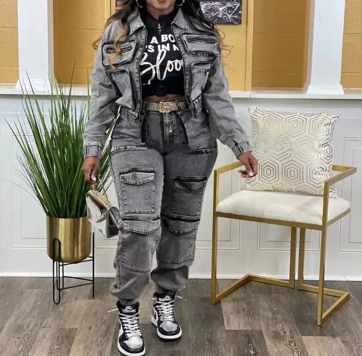 2024 Denim Outfit Street Wear Casual Cargo Denim Jackets Women's Jeans Sets