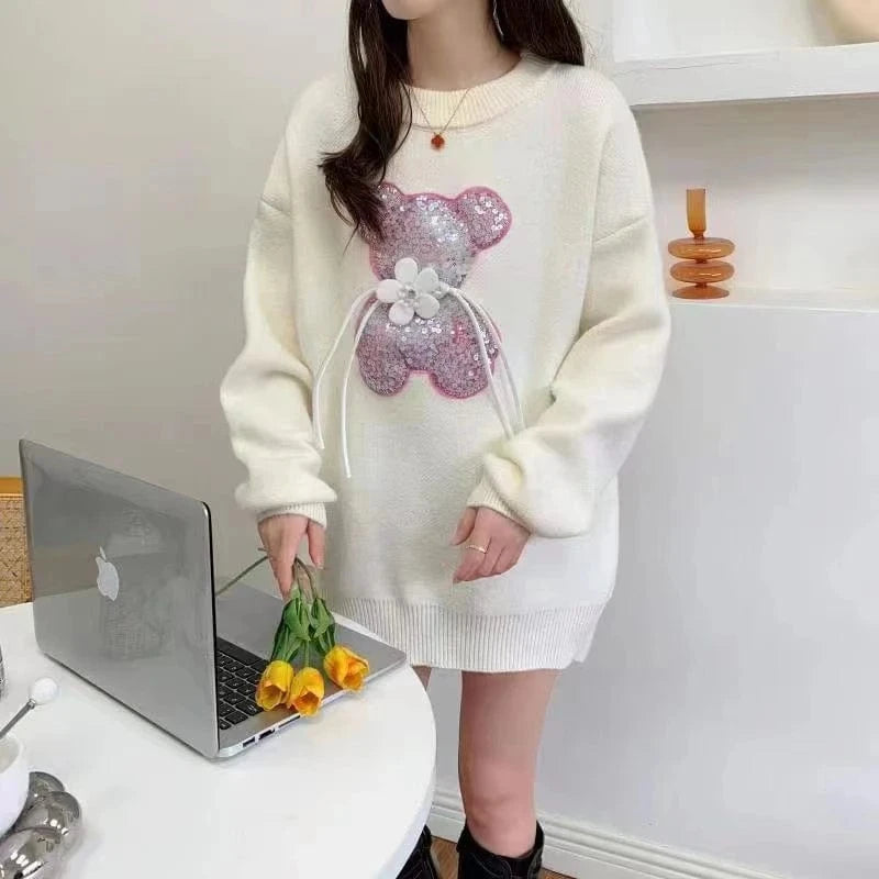 2024 early spring fashionable women new arrival round neck loose fit luxury high quality bear beading pullover sweater