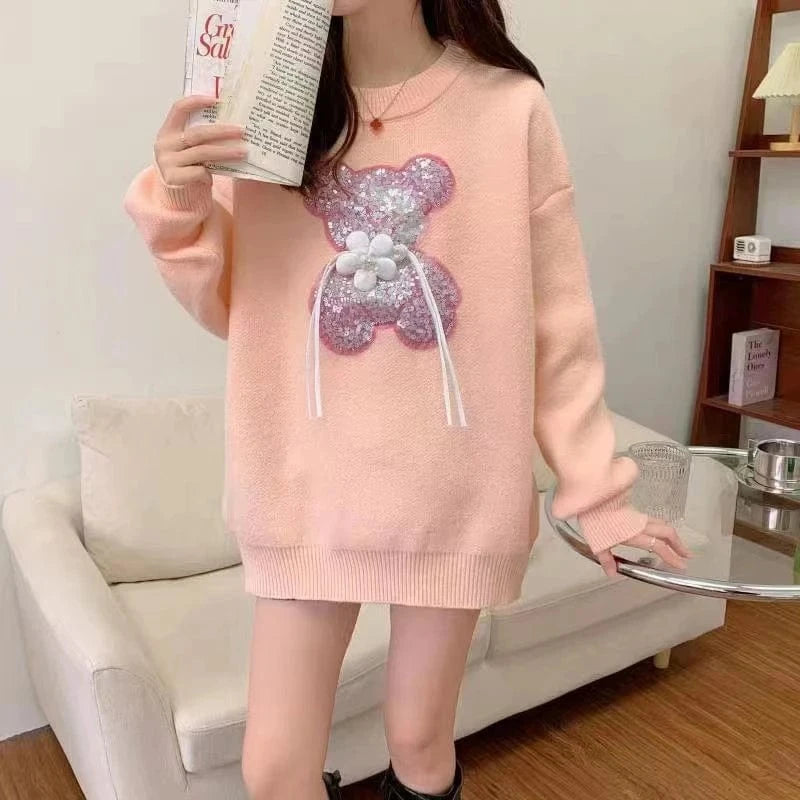 2024 early spring fashionable women new arrival round neck loose fit luxury high quality bear beading pullover sweater