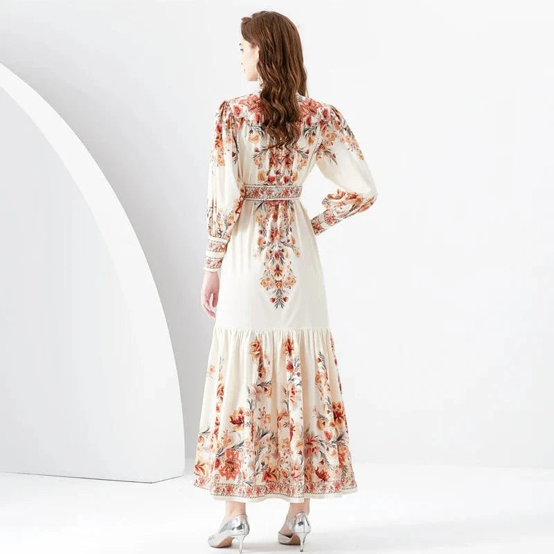 2024 Early Spring Standing Neck Lantern Sleeves Wave Edge Long Retro Print Dress KL6341080