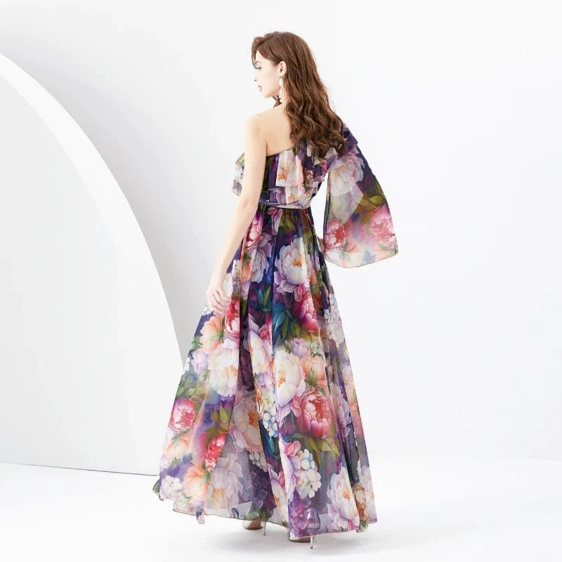 2024 Early Spring Vacation One Shoulder Flare Sleeves Ruffle Edge Printed Dress KL6306085