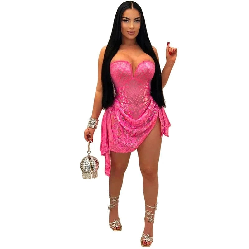 2024 elegant women pink sexy see through tight sheer mesh layer black sequin strapless nighty club wear mini dress for women