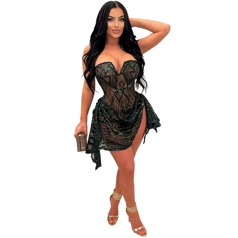 2024 elegant women pink sexy see through tight sheer mesh layer black sequin strapless nighty club wear mini dress for women