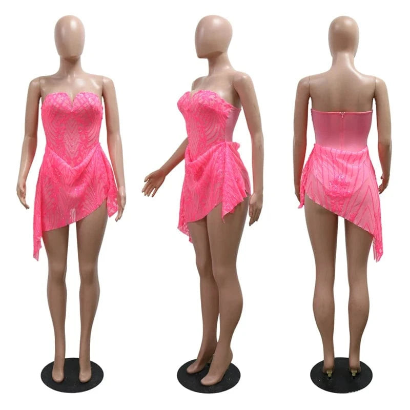 2024 elegant women pink sexy see through tight sheer mesh layer black sequin strapless nighty club wear mini dress for women